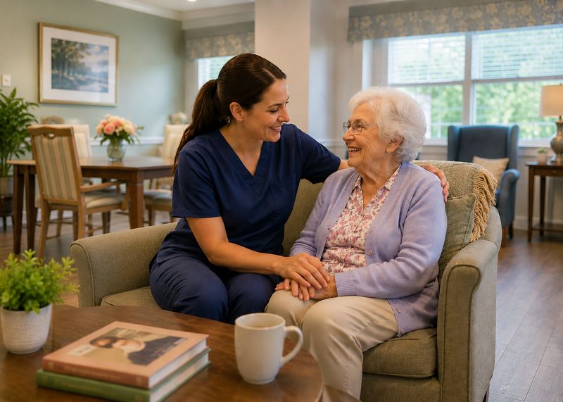 Caring staff with resident at The Waters of Fort Wayne